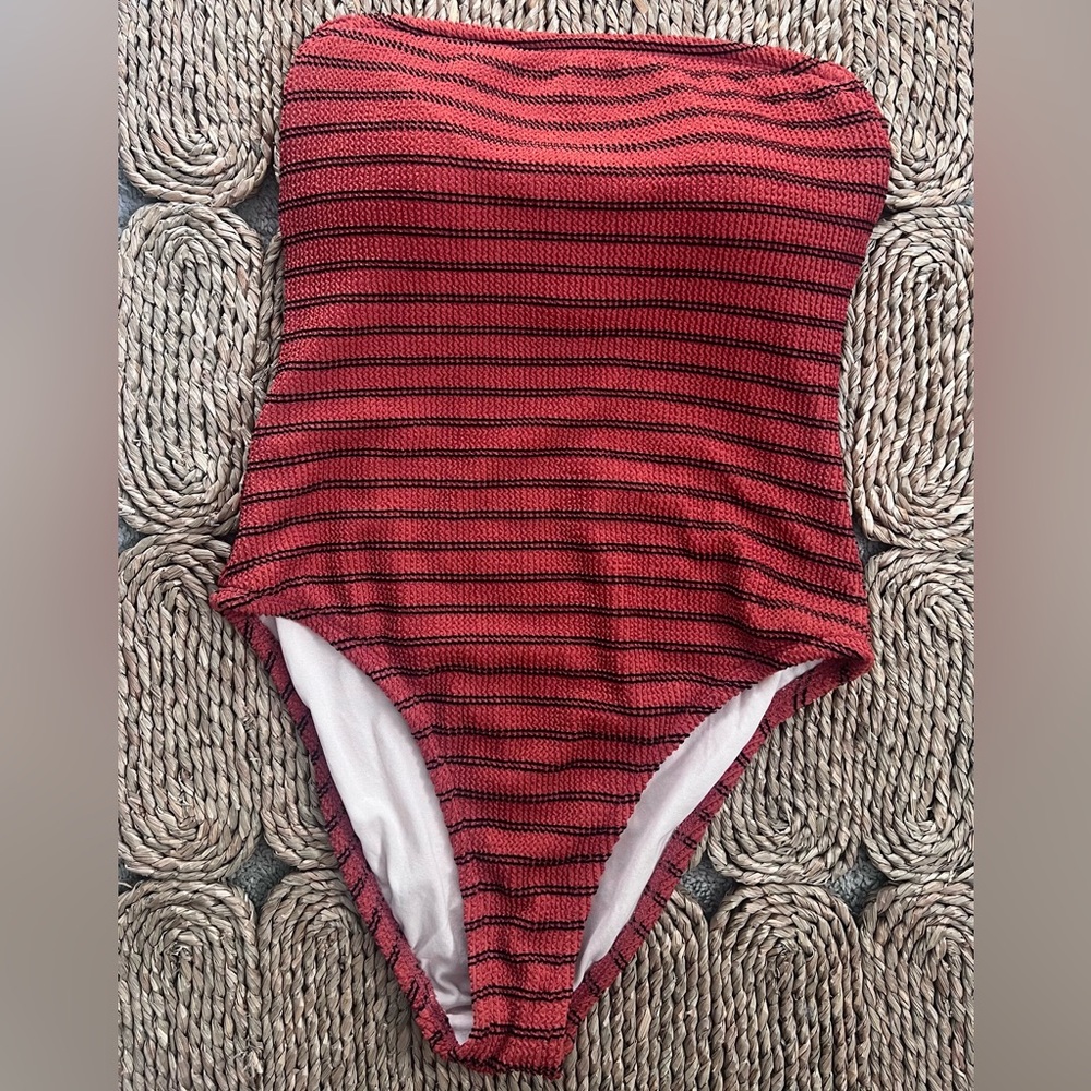 Kona Sol Textured Strapless, Striped One Piece Swimsuit- Burnt Orange Size Med